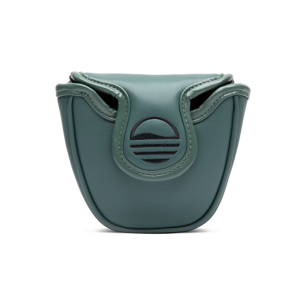 Front shot of mallet putter golf headcover in midnight green vegan leather
