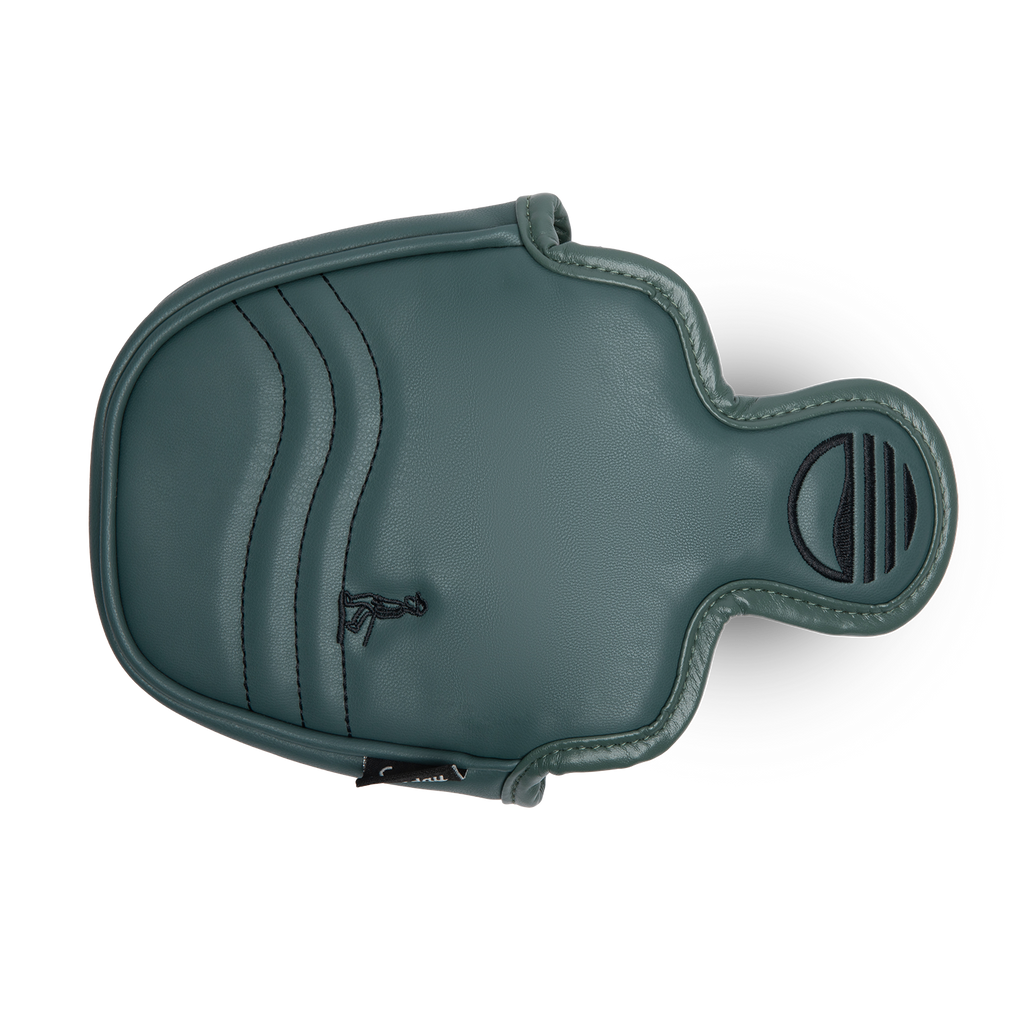 Top shot of mallet putter golf headcover in midnight green vegan leather