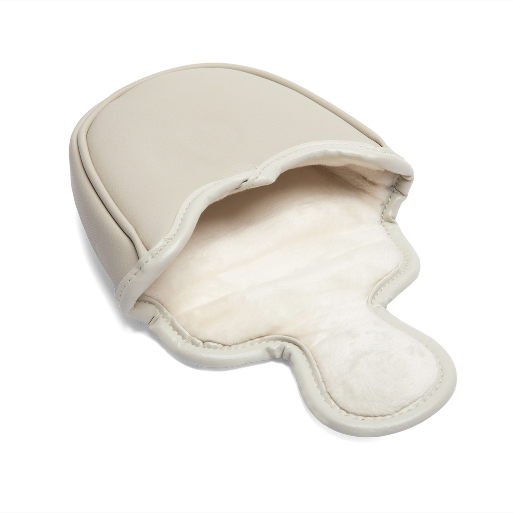 Inward shot of mallet putter golf headcover in toasted almond vegan leather
