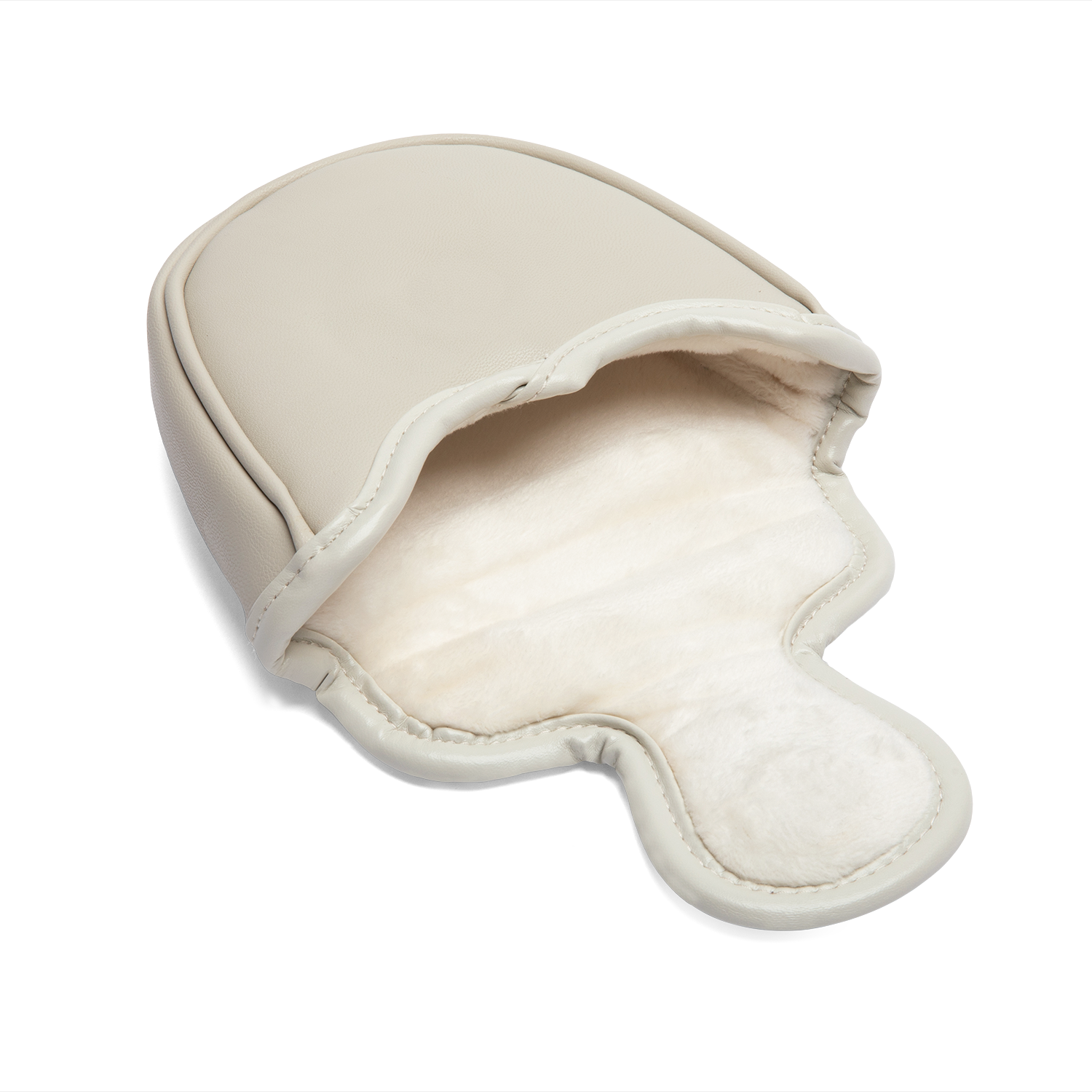 Inward shot of mallet putter golf headcover in toasted almond vegan leather
