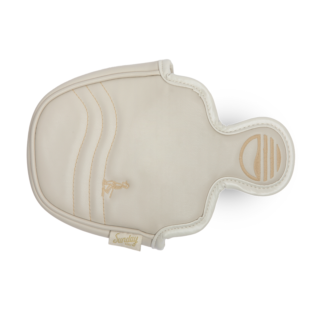 Top shot of mallet putter golf headcover in toasted almond vegan leather
