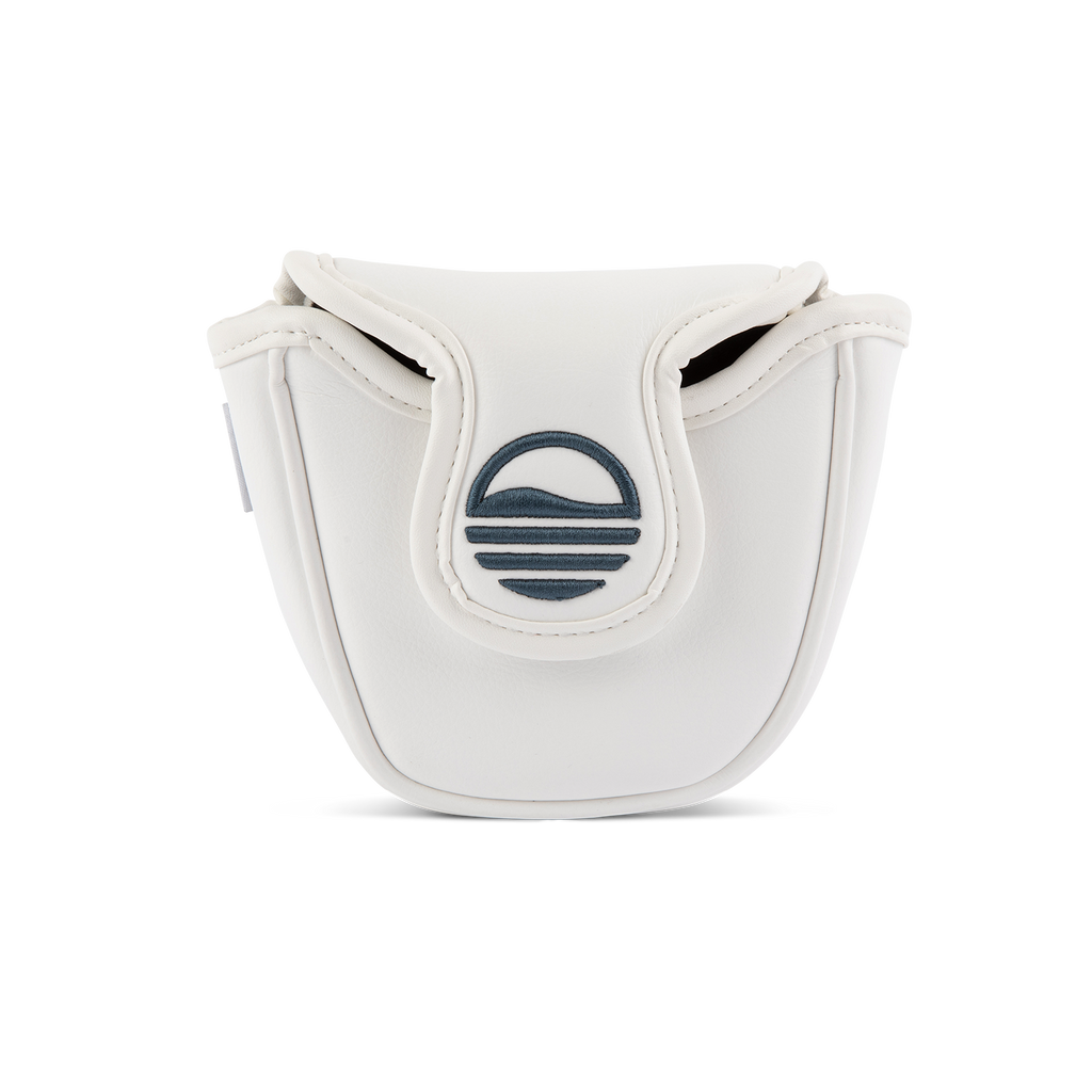Front shot of mallet putter golf headcover in white and navy vegan leather
