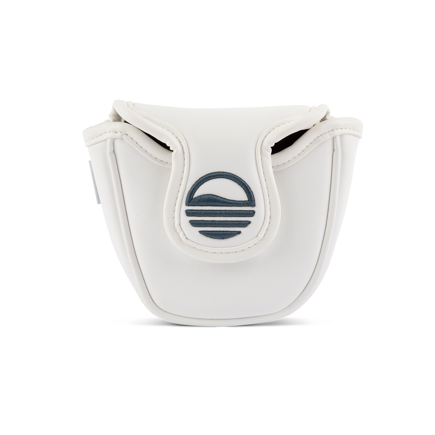 Front shot of mallet putter golf headcover in white and navy vegan leather
