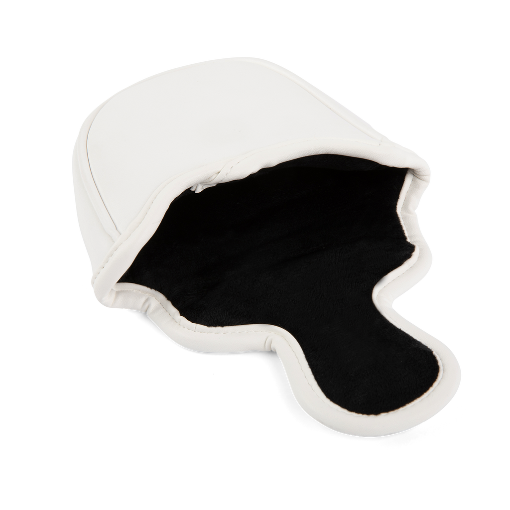 Inward shot of mallet putter golf headcover in white and navy vegan leather
