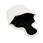Inward shot of mallet putter golf headcover in white and navy vegan leather
