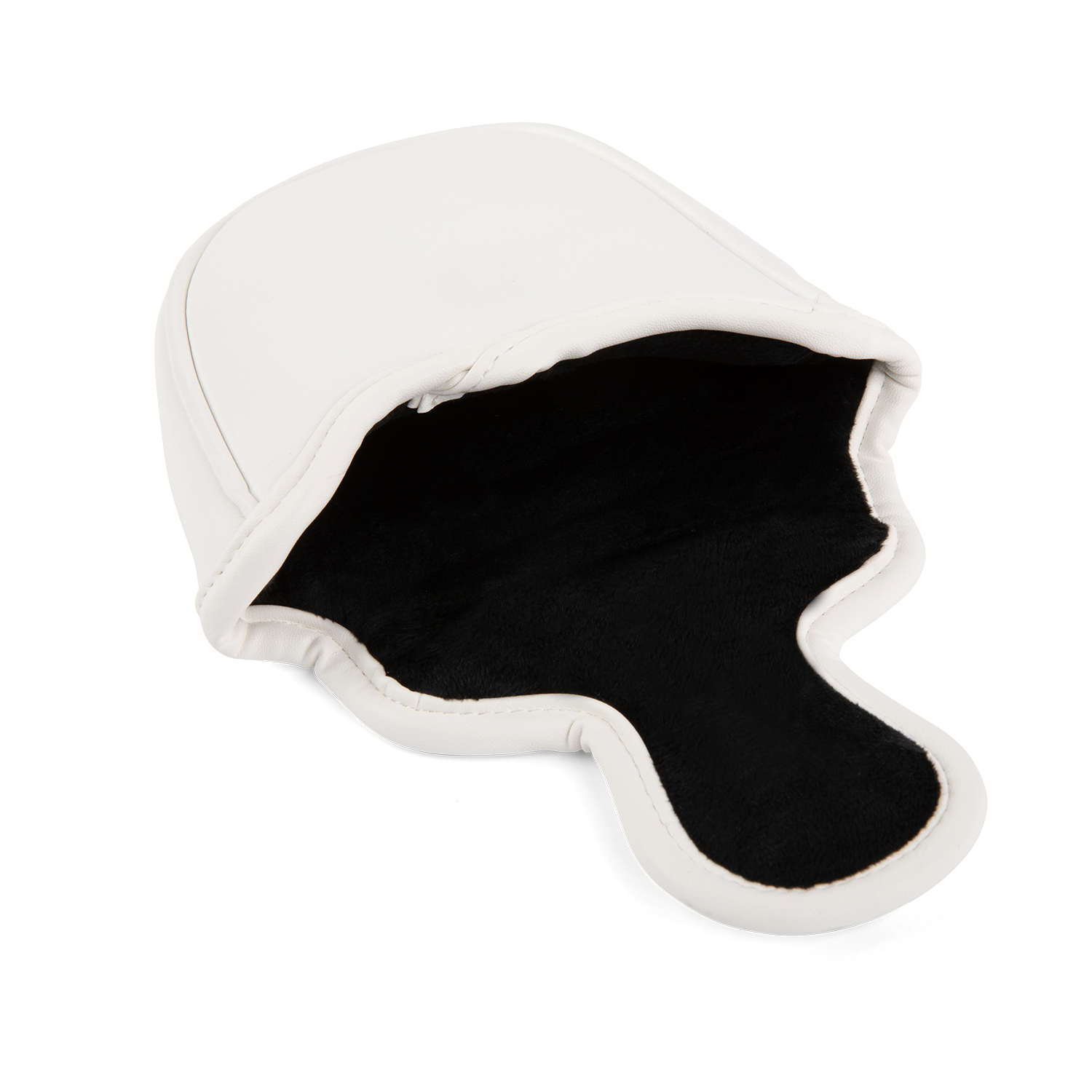 Inward shot of mallet putter golf headcover in white and navy vegan leather
