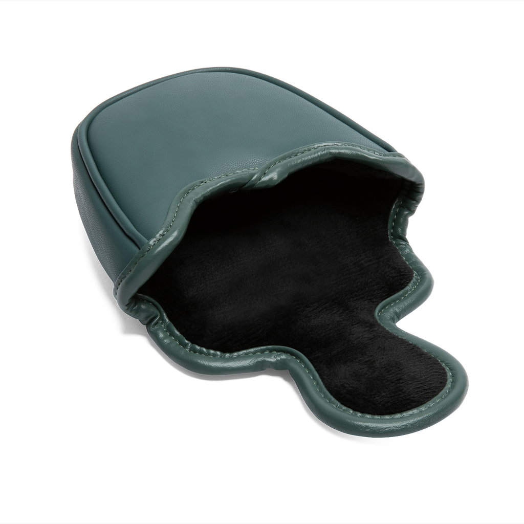 Inward shot of mallet putter golf headcover in midnight green vegan leather
