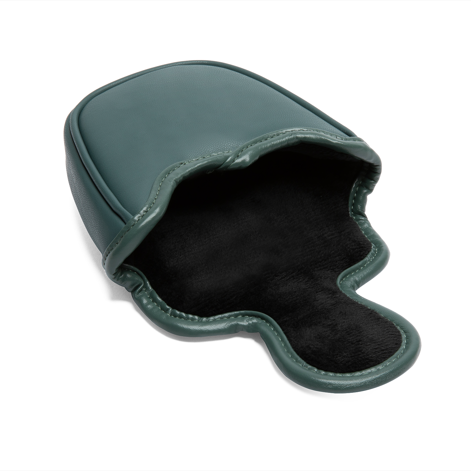 Inward shot of mallet putter golf headcover in midnight green vegan leather

