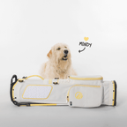 A mid-size stand golf bag named 'Mindy' in lemon and white colors, with a dog sitting on it and a heart symbol above the dog's head.