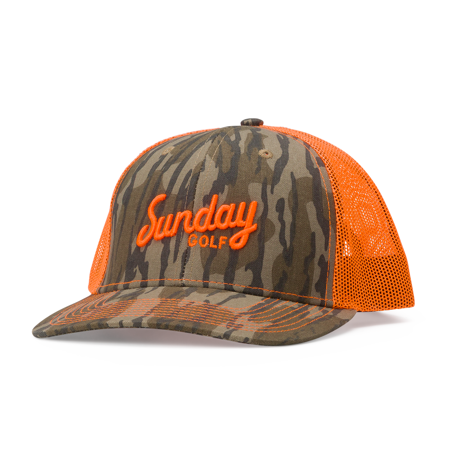 Front shot of the mossy oak bottomland orange trucker golf hat
