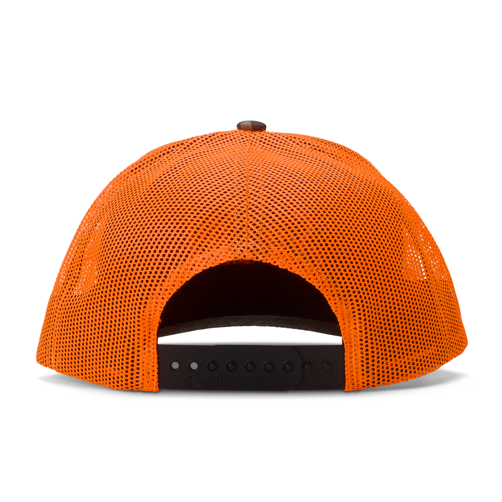 back shot of the mossy oak bottomland orange trucker golf hat