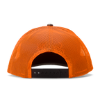 back shot of the mossy oak bottomland orange trucker golf hat