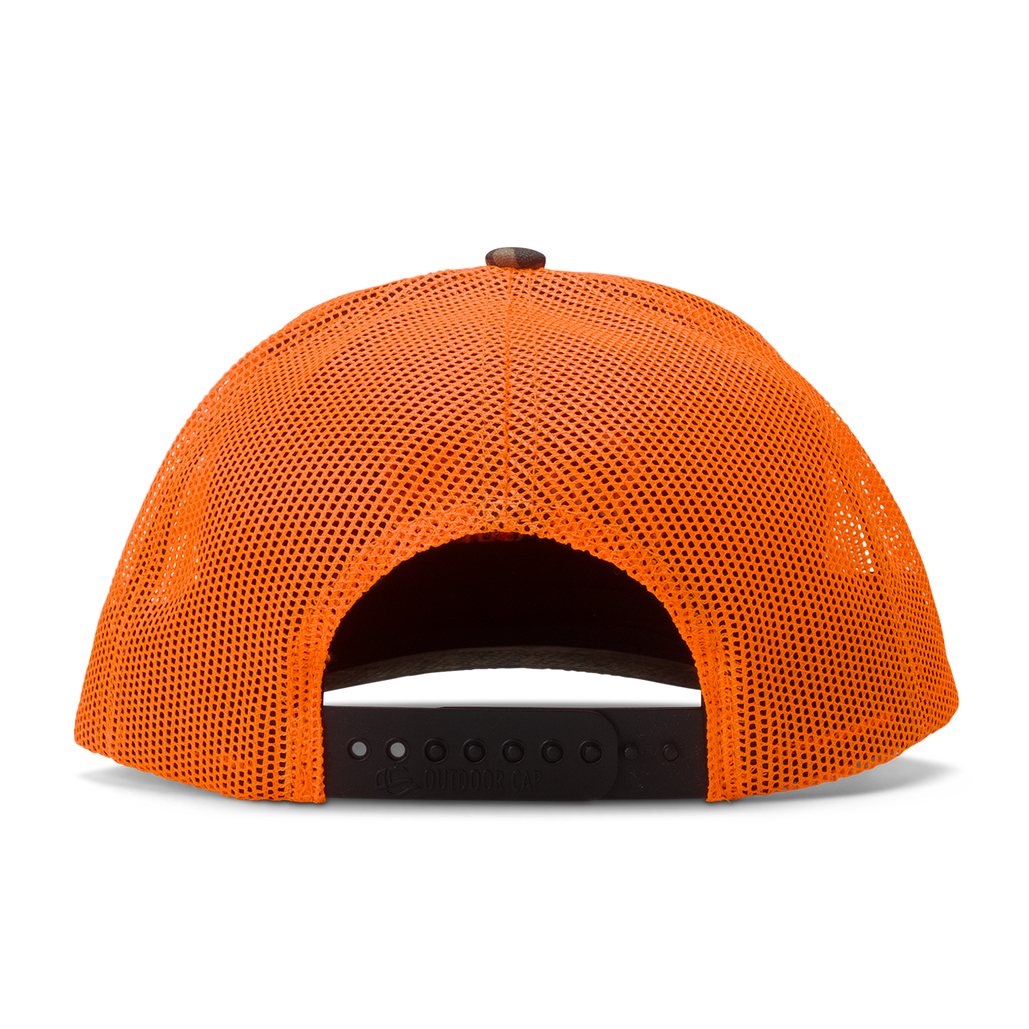 back shot of the mossy oak bottomland orange trucker golf hat