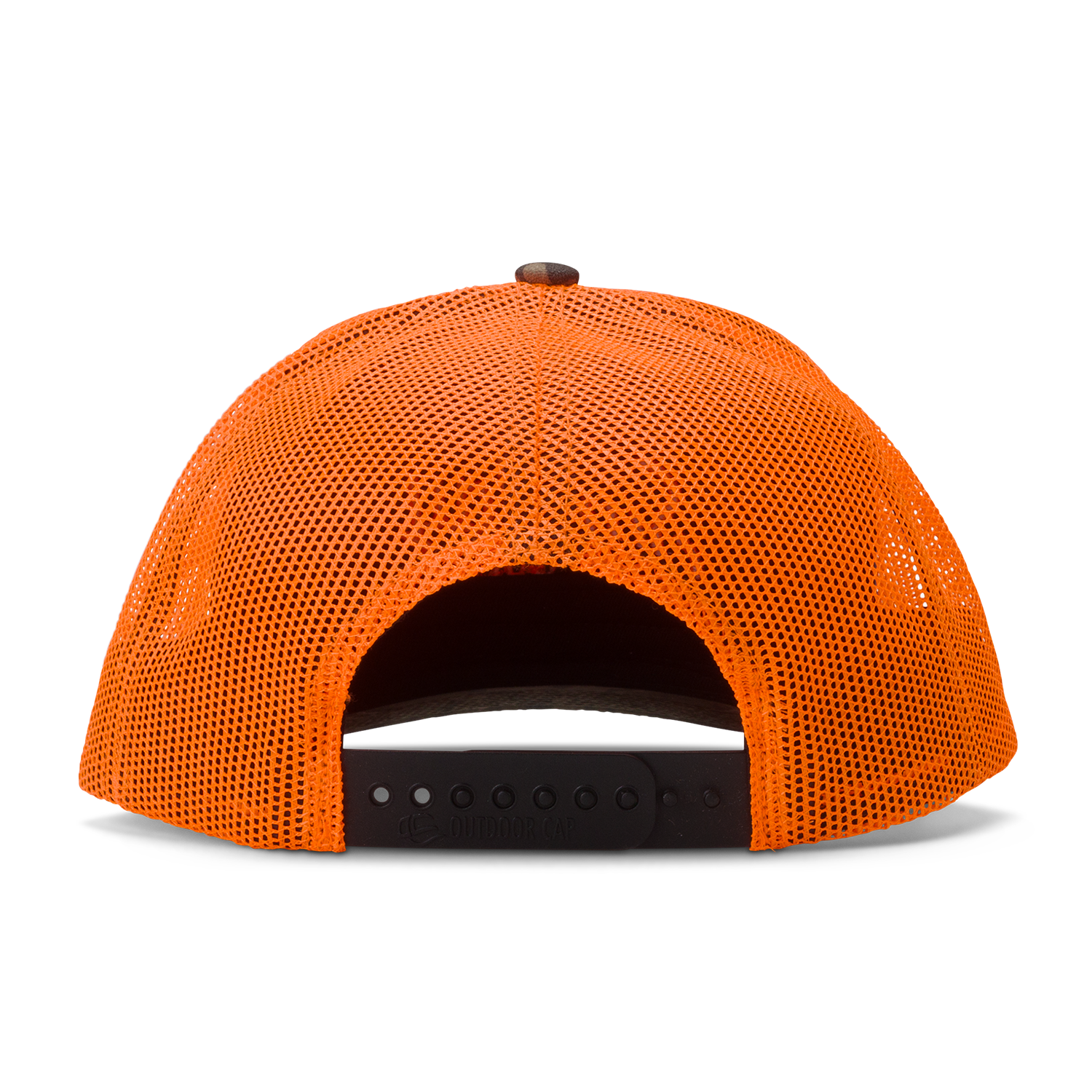 back shot of the mossy oak bottomland orange trucker golf hat