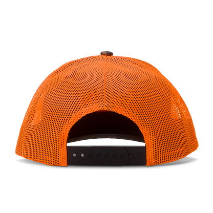 back shot of the mossy oak bottomland orange trucker golf hat