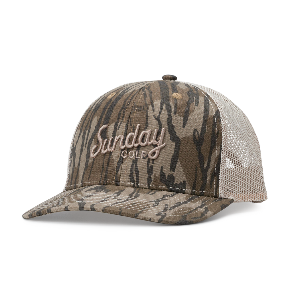 Front shot of the mossy oak bottomland tan trucker golf hat