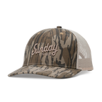 Front shot of the mossy oak bottomland tan trucker golf hat