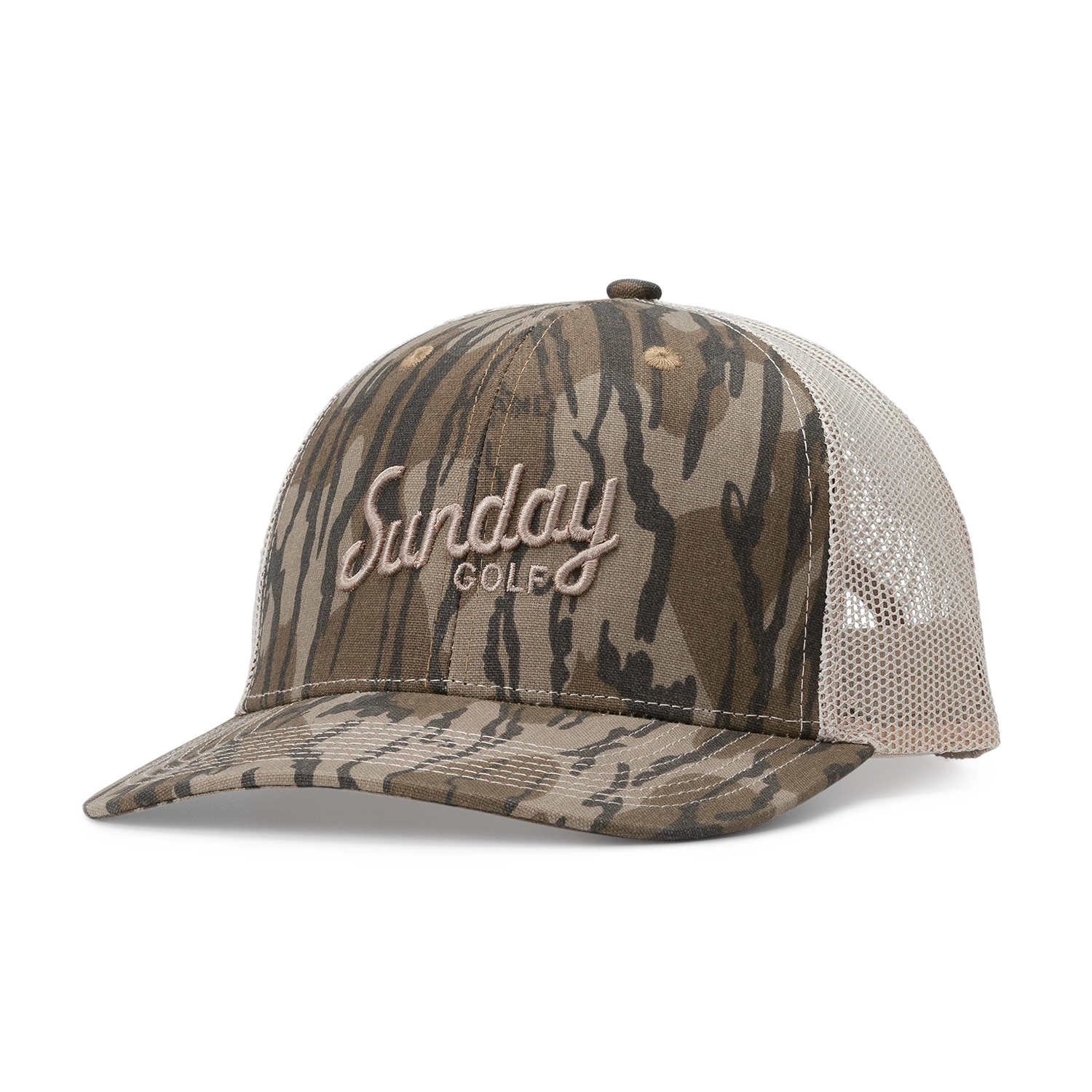 Front shot of the mossy oak bottomland tan trucker golf hat