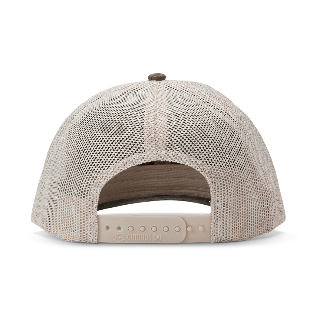 back shot of the mossy oak bottomland orange trucker golf hat