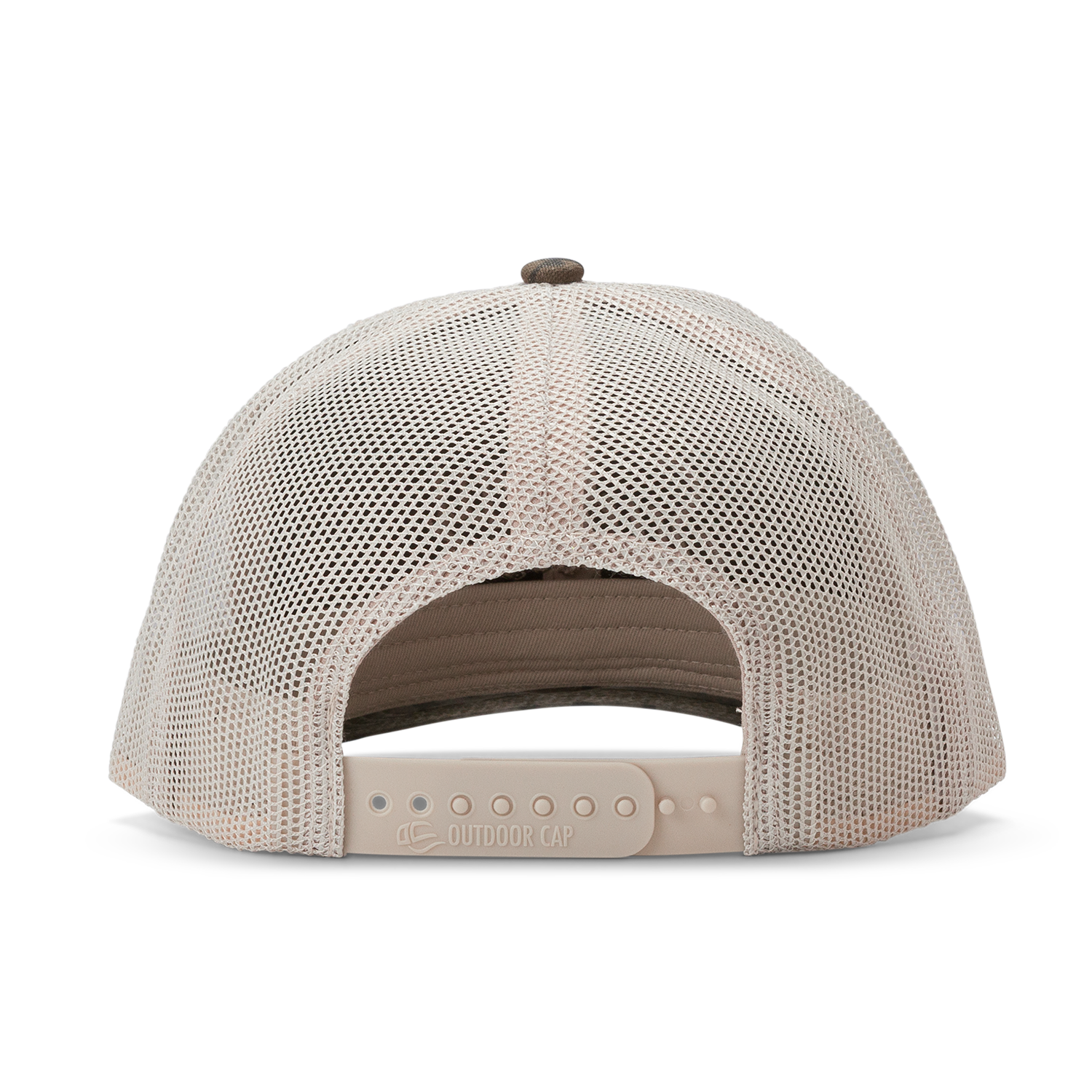 back shot of the mossy oak bottomland orange trucker golf hat