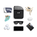 Heather gray nickel bag valuables pouch laying flat with items it can hold 