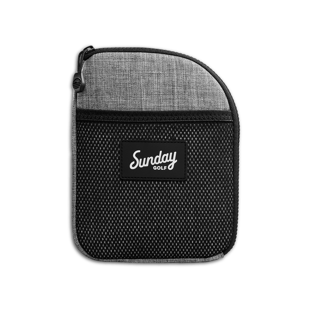 Front shot of heather gray nickel bag valuables pouch that can be paired with golf bag