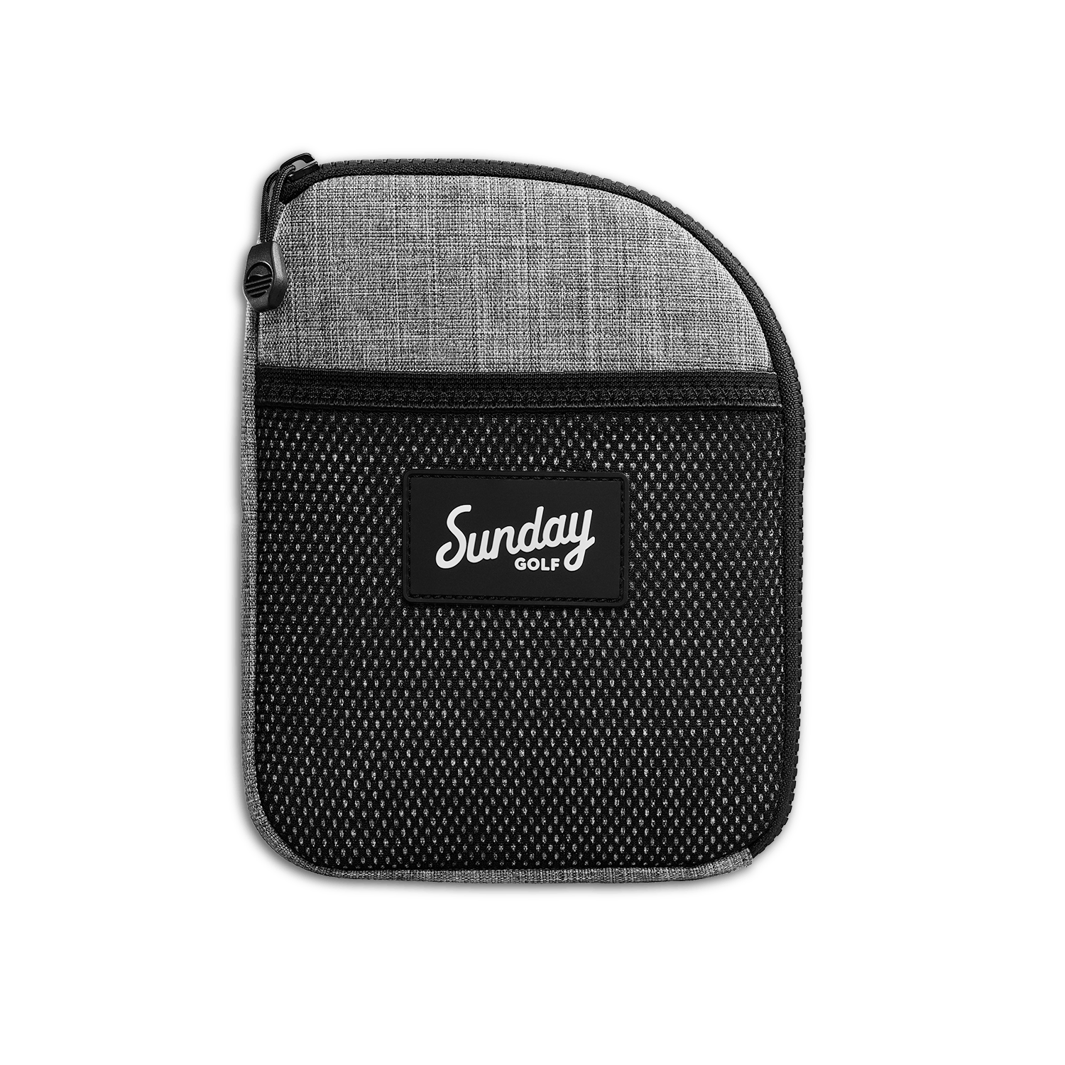 Front shot of heather gray nickel bag valuables pouch that can be paired with golf bag