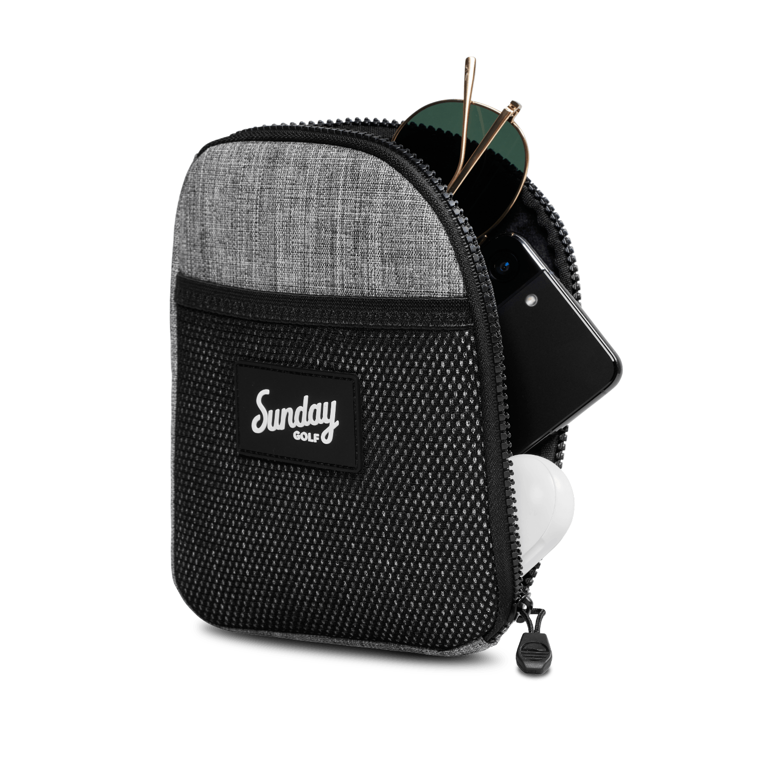 Heather gray nickel bag valuables pouch unzipped with items showing from inside