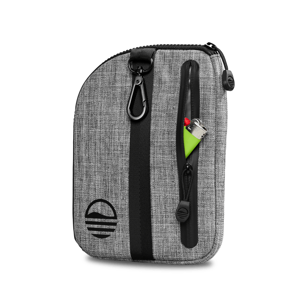 Rear view of heather gray nickel bag valuables pouch unzipped with a lighter showing from inside