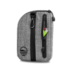 Rear view of heather gray nickel bag valuables pouch unzipped with a lighter showing from inside