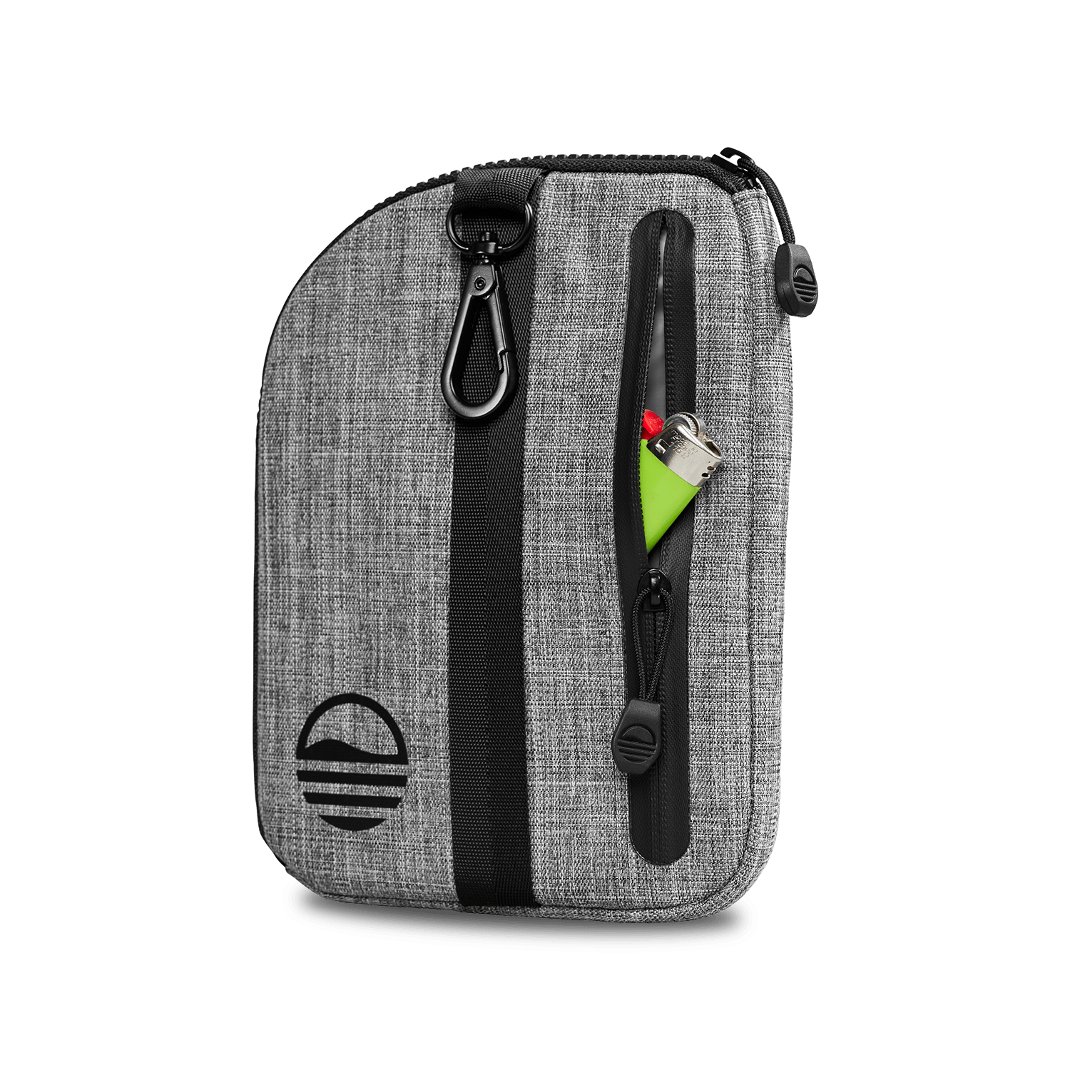 Rear view of heather gray nickel bag valuables pouch unzipped with a lighter showing from inside