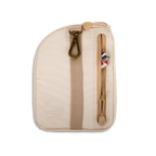 Rear view of toasted almond nickel bag valuables pouch unzipped with a lighter showing from inside