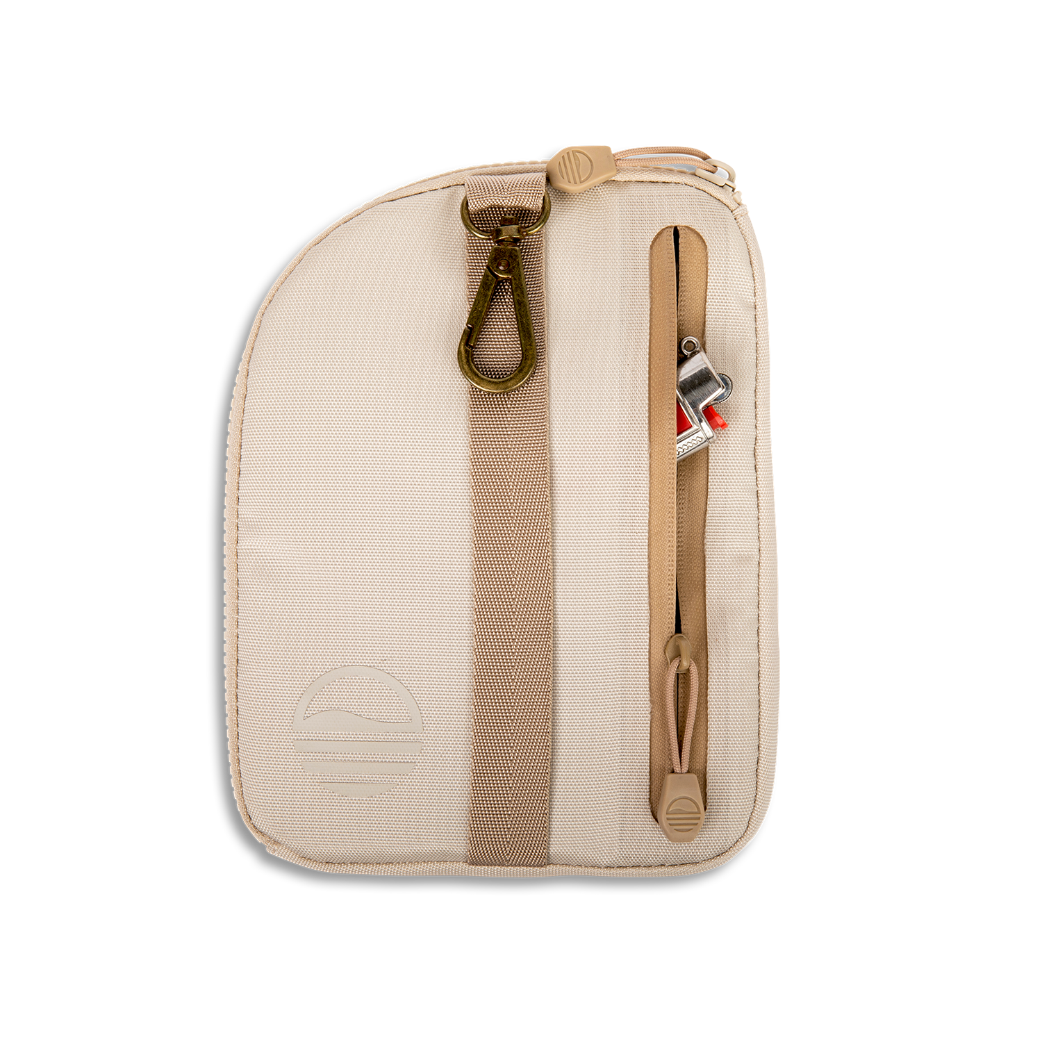 Rear view of toasted almond nickel bag valuables pouch unzipped with a lighter showing from inside