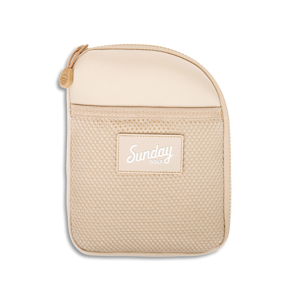 Front shot of toasted almond nickel bag valuables pouch that can be paired with golf bag