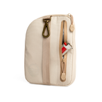 Rear view of toasted almond nickel bag valuables pouch unzipped with a lighter showing from inside