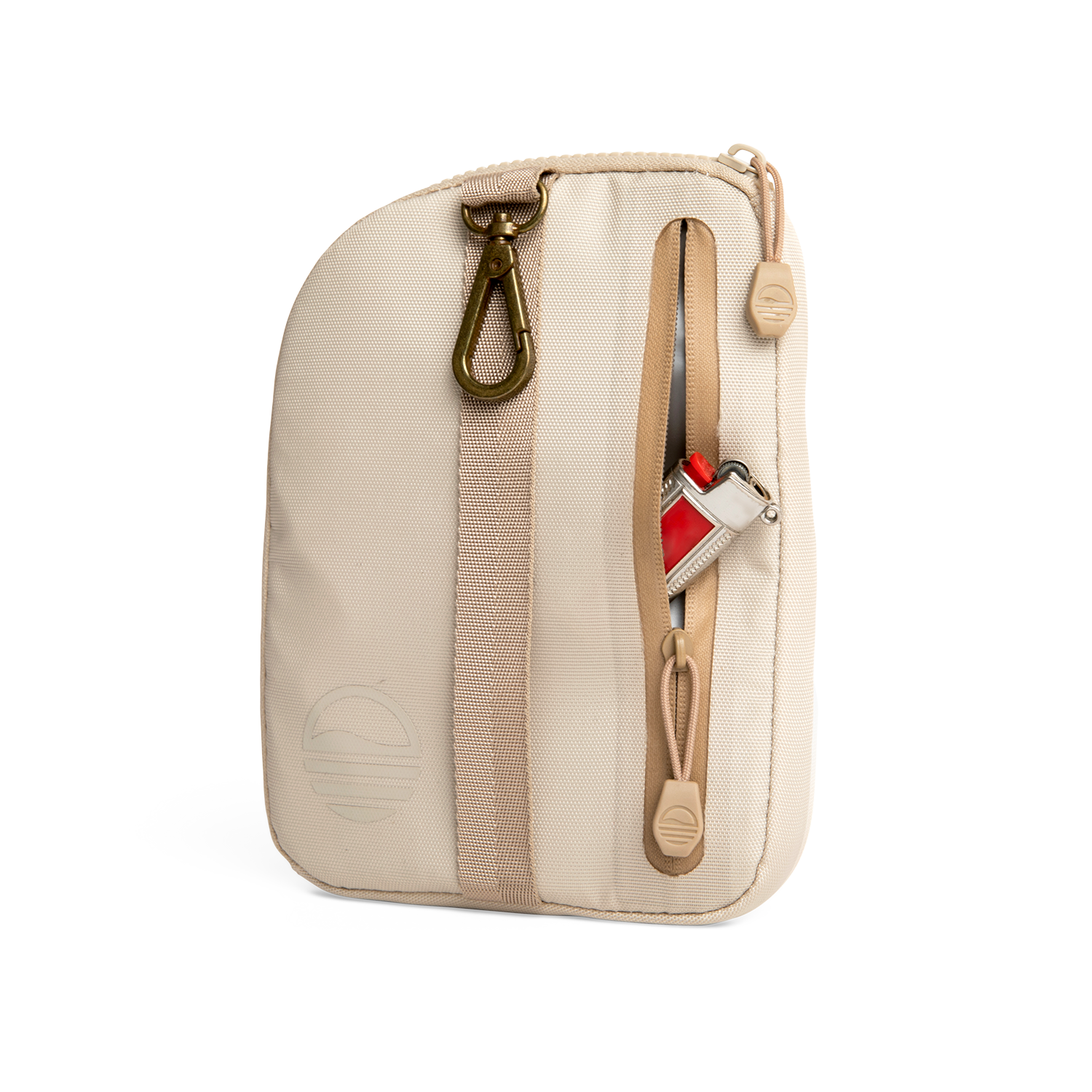 Rear view of toasted almond nickel bag valuables pouch unzipped with a lighter showing from inside