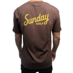 Sunday Golf's Classic Tee in brown and has yellow text logo back shot