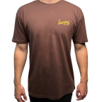 Sunday Golf's Classic Tee in brown and has yellow text logo front shot