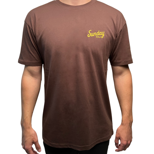 Sunday Golf's Classic Tee in brown and has yellow text logo front shot