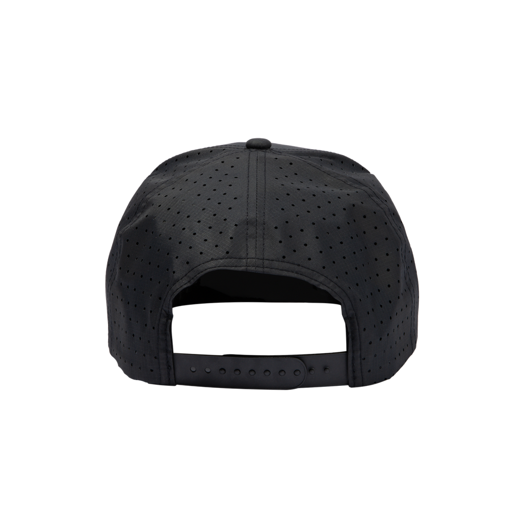 Back shot of black Porter snapback golf hat