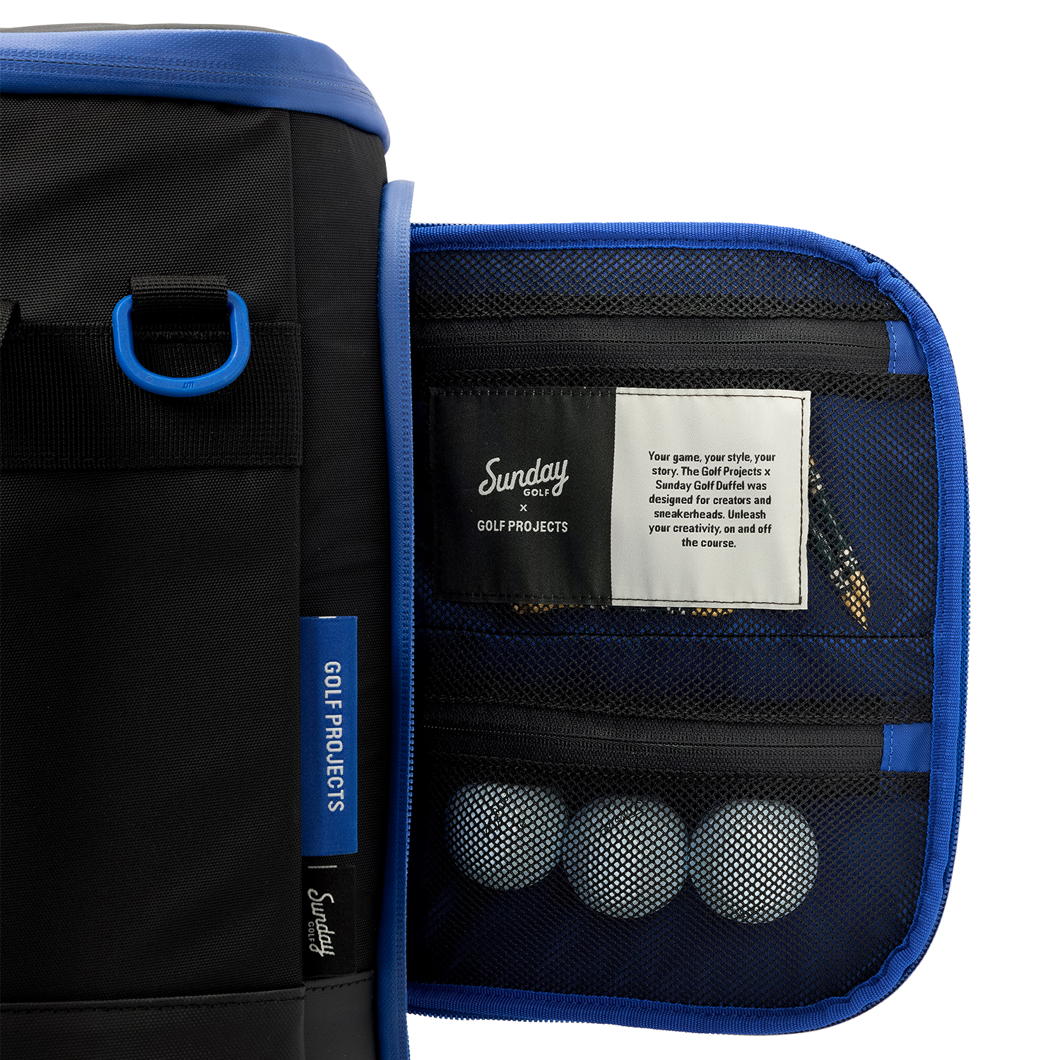 Sunday Golf's Creator Duffle Bag Blue with golf balls inside, featuring Sunday Golf Projects.