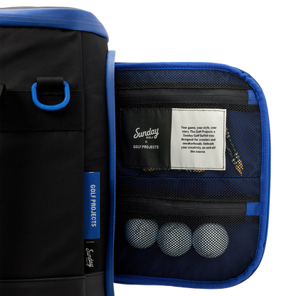 Sunday Golf's Creator Duffle Bag Blue with golf balls inside, featuring Sunday Golf Projects.