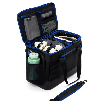 Sunday Golf's Creator Duffle Bag Blue showcasing multi-compartment bag with open lid