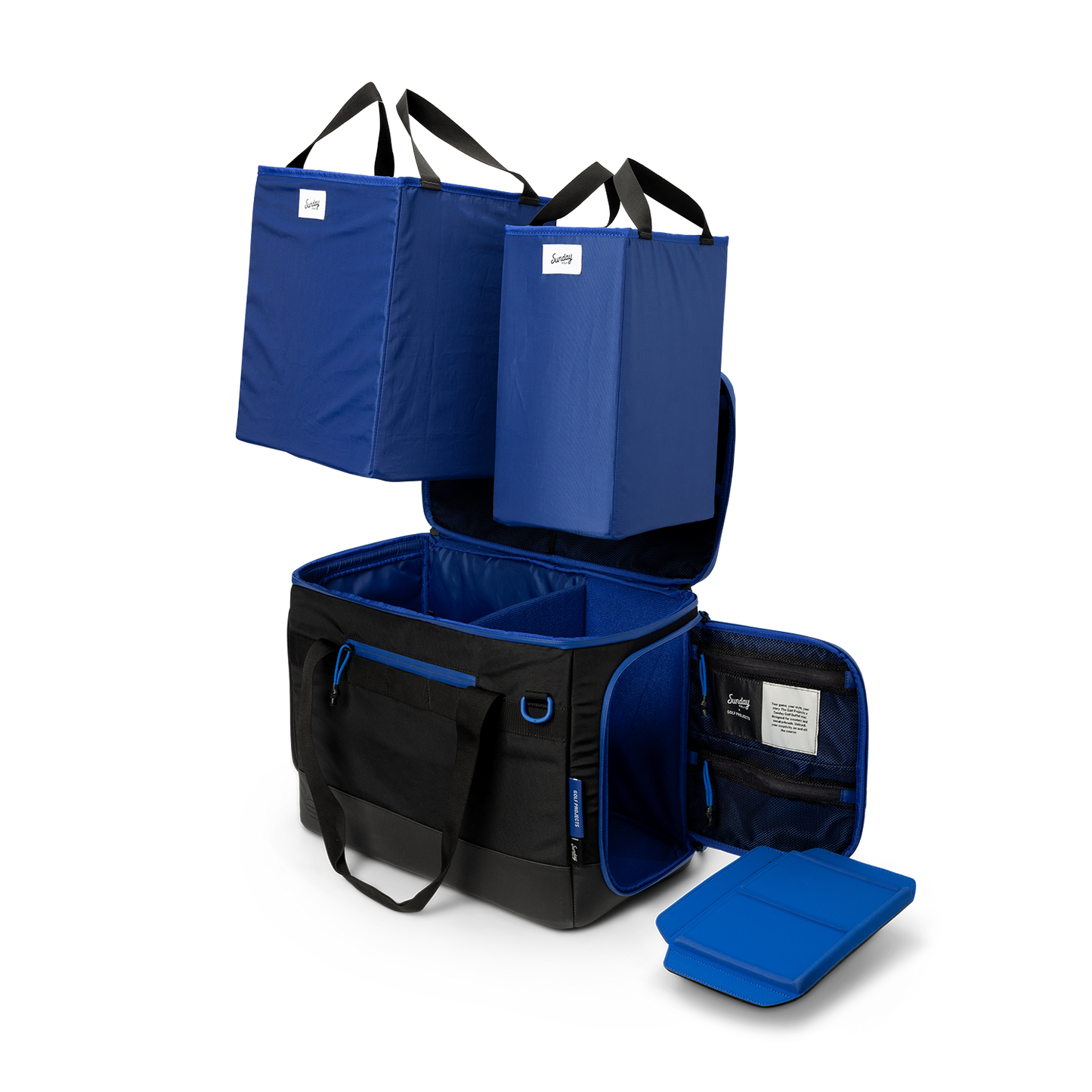 Sunday Golf's Creator Duffle Bag Blue showcasing multi-compartment bag with open lid