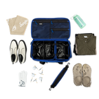 Sunday Golf's Creator Duffle Bag Blue showcasing Collection of travel items including shoes, clothing, and accessories