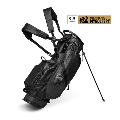 A full front shot of standing Ranger golf bag in black with double strap