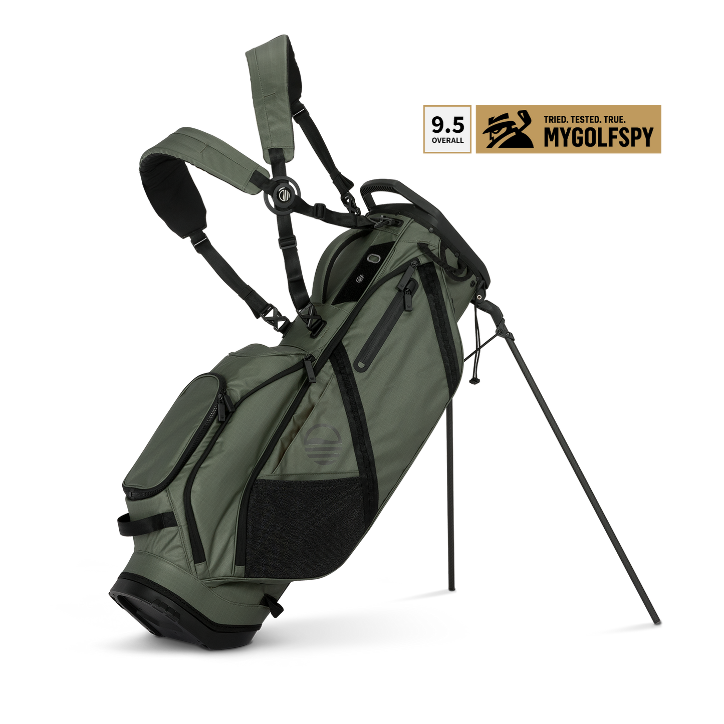 A full front shot of standing Ranger golf bag in Sage with double strap
