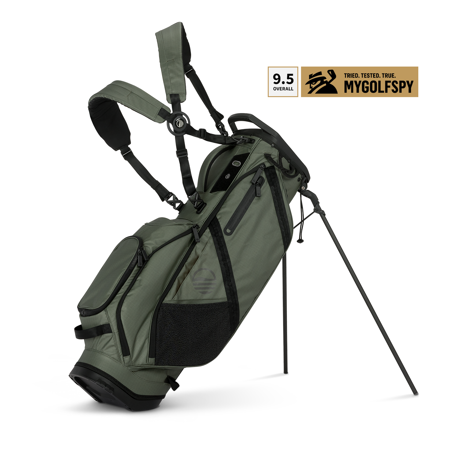 A full front shot of standing Ranger golf bag in Sage with double strap
