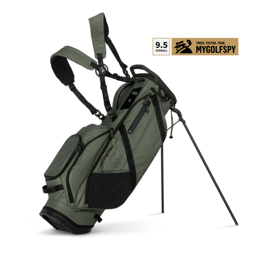 A full front shot of standing Ranger golf bag in Sage with double strap
