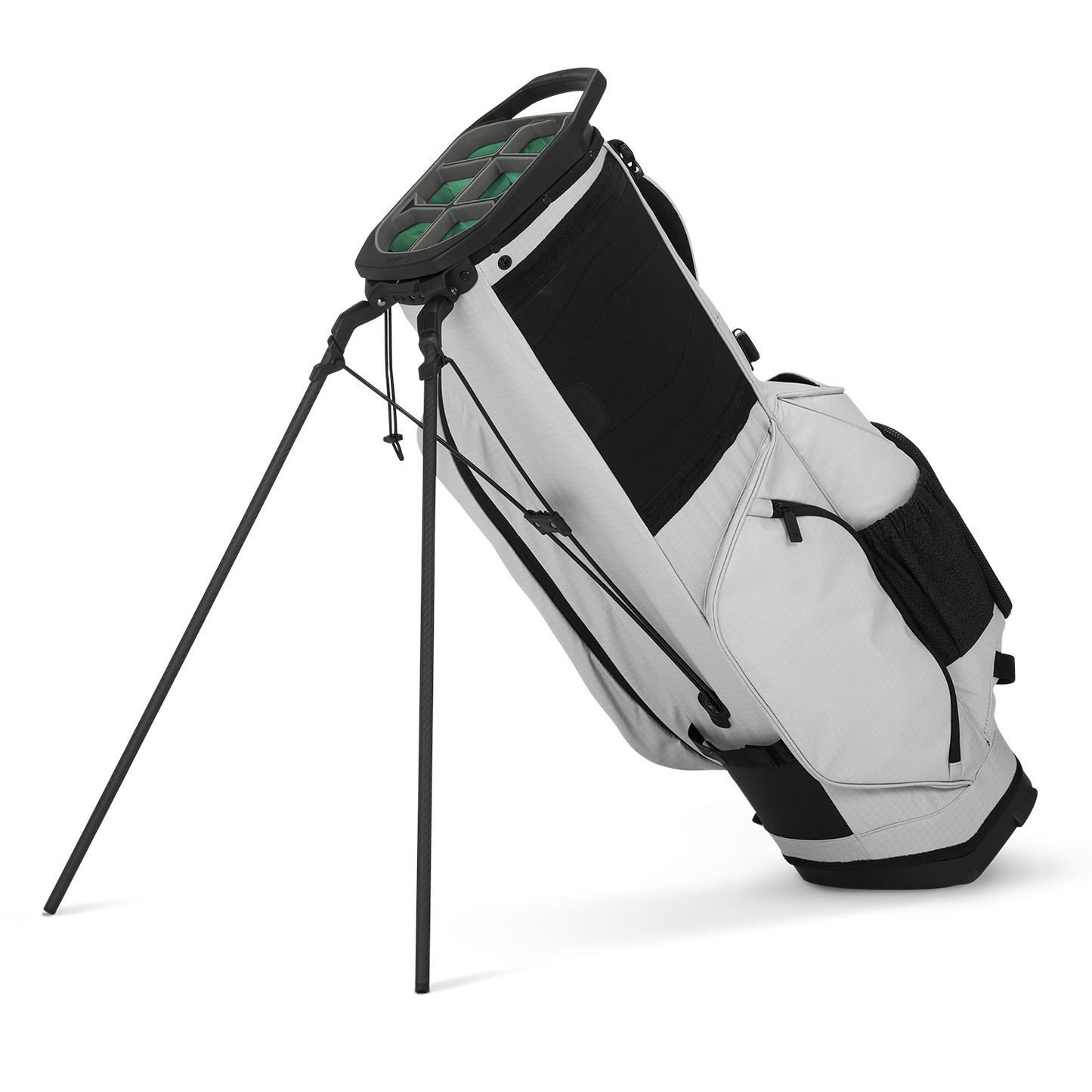 A full shot of standing Ranger golf bag in Off Gray facing backward
